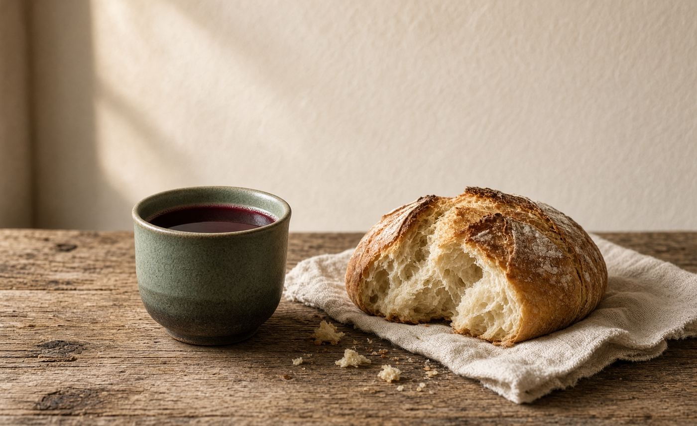Broken bread and a cup of the fruit of the vine on a ranch table