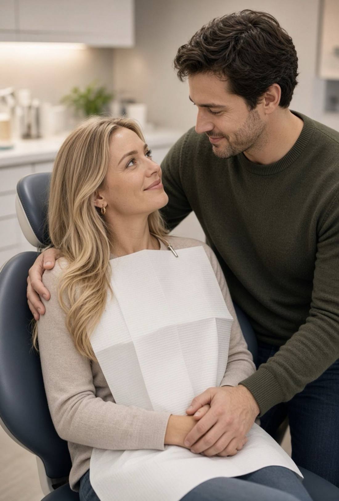 A husband standing beside his wife in a dental chair, holding her hand