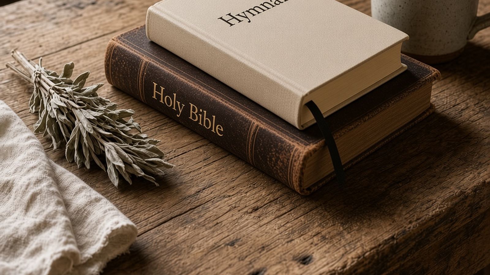 A hymnal and a Holy Bible on a ranch table with a coffee cup