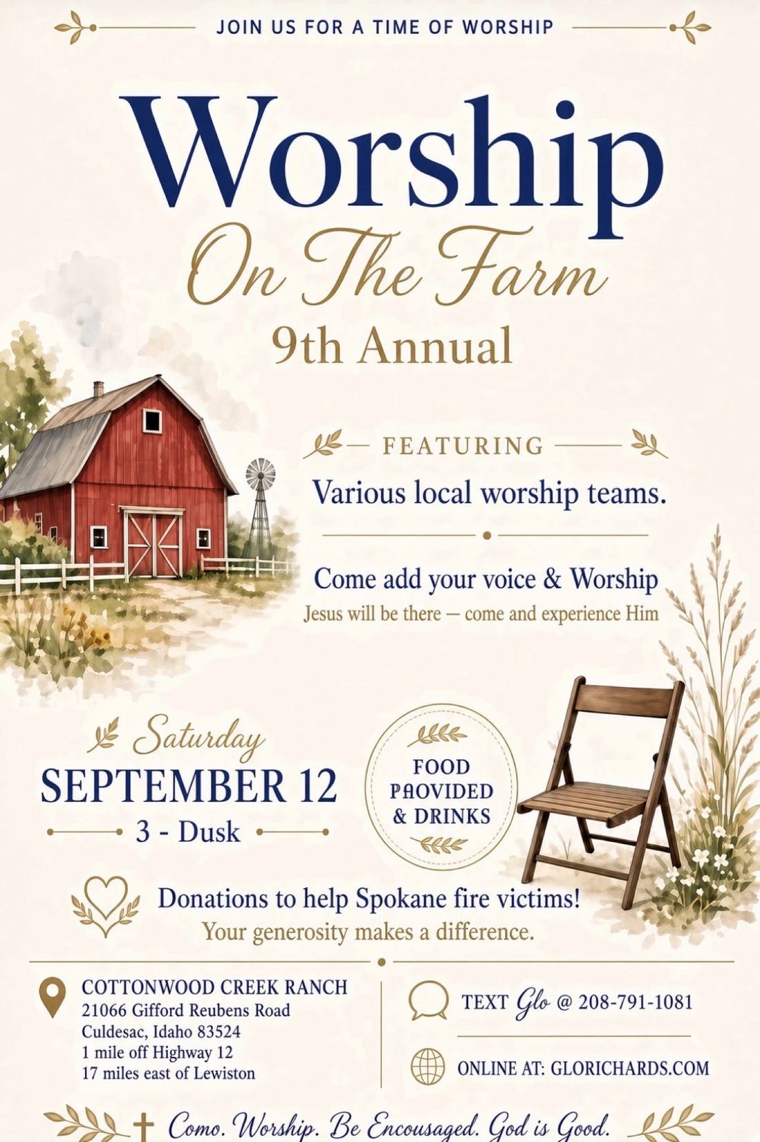 Worship on the Farm poster — Saturday, September 12 at Cottonwood Creek Ranch